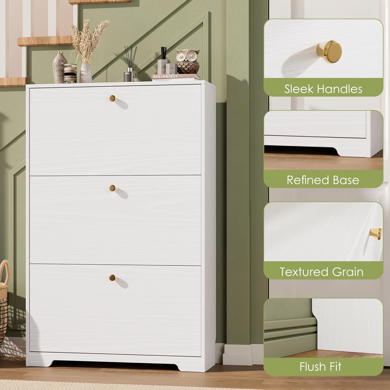 Nicetree Shoe Cabinet with 3 Flip Drawers, Narrow Shoe Organizer Cabinet, Freestanding Shoe Rack Cabinet, Morden Shoe Storage Cabinet for Entryway, Hallway, Foryer, White