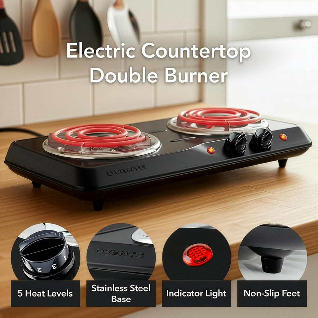 Ovente Electric Countertop Double Burner, 1700W Cooktop With 6" And 5.75" Stainless Steel Coil Hot Plates, 5 Level Temperature Control, Indicator Lights And Easy To Clean Cooking Stove, Black Bgc102B