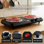 Ovente Electric Countertop Double Burner, 1700W Cooktop With 6" And 5.75" Stainless Steel Coil Hot Plates, 5 Level Temperature Control, Indicator Lights And Easy To Clean Cooking Stove, Black Bgc102B