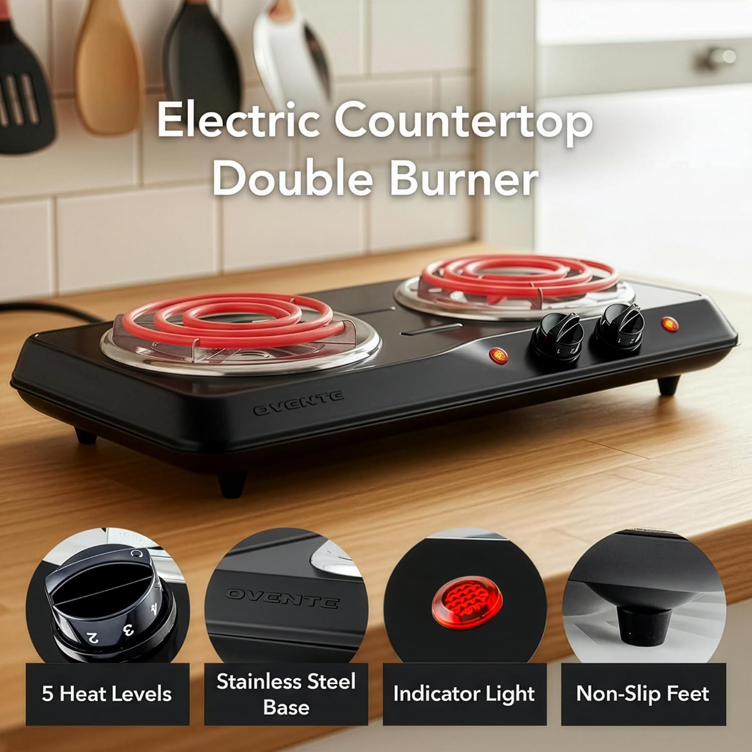 Ovente Electric Countertop Double Burner, 1700W Cooktop With 6" And 5.75" Stainless Steel Coil Hot Plates, 5 Level Temperature Control, Indicator Lights And Easy To Clean Cooking Stove, Black Bgc102B
