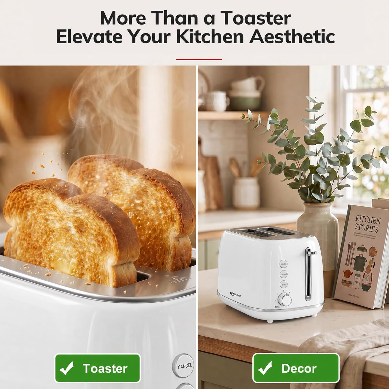 Keenstone Toaster 2 Slice, Retro Wide Slot Stainless Steel Toaster With 6 Browning Levels, Reheat & Defrost, For Bagel, Toast, Bread, Kitchen Essentials, Removable Crumb Tray, White