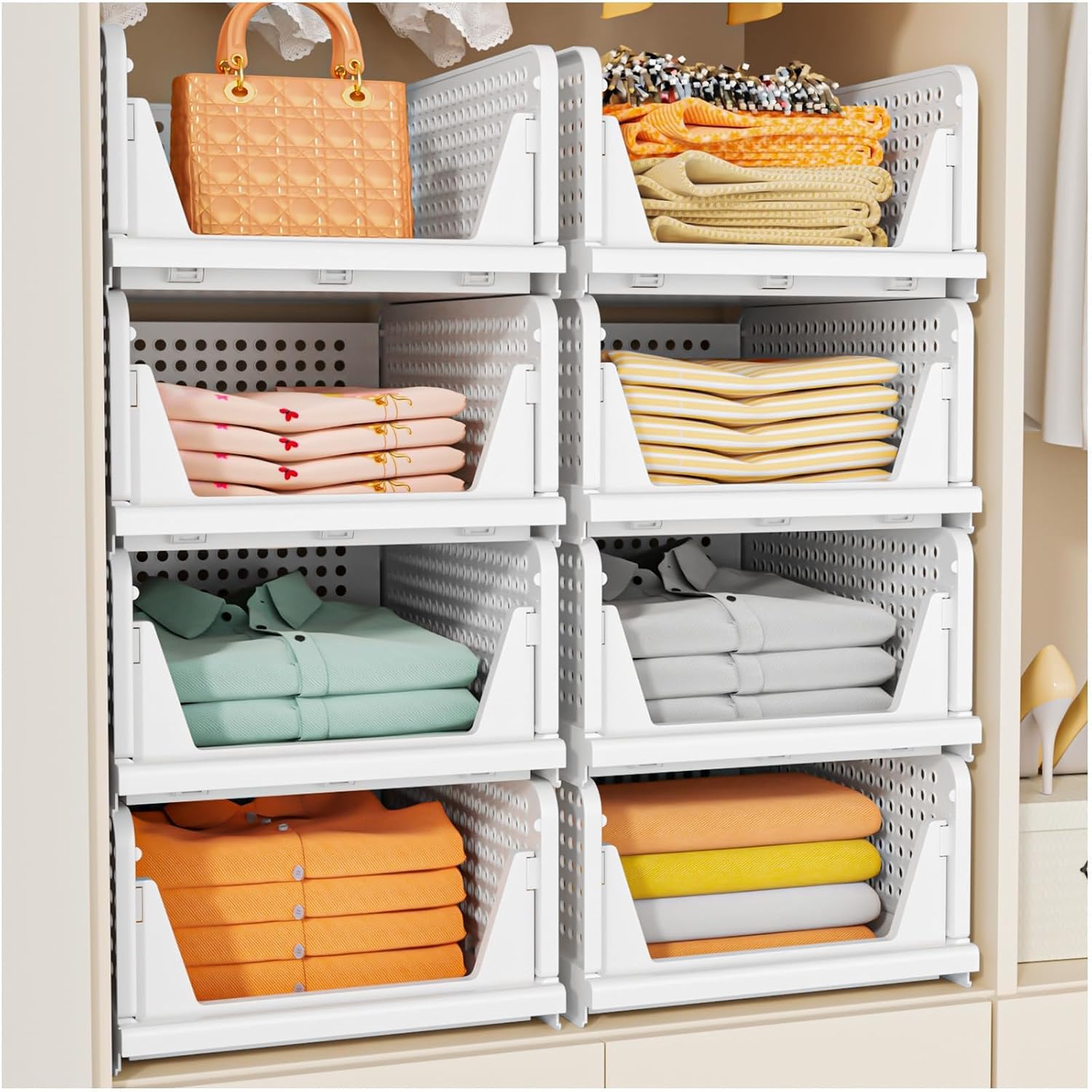 Snslxh 5 Pack Stackable Closet Storage Basket, Multifunctional & Foldable Closet Organizer For Bathroom Kitchen Laundry Room Wardrobe Storage, Space-Saving Clothes Storage Drawer Organizer, White