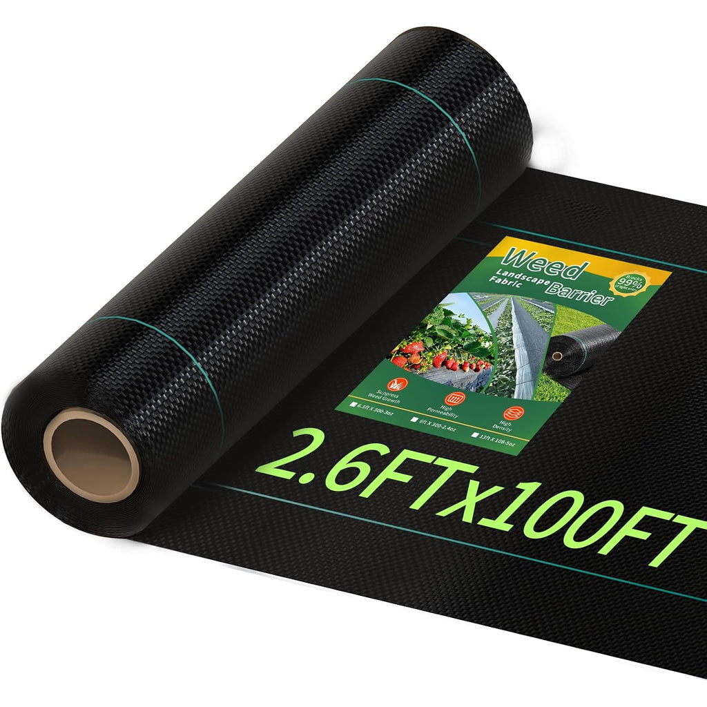 2.6Ftx100Ft Weed Barrier Landscape Fabric Heavy Duty Geotextile | Woven Polypropylene, Uv-Stabilized, Water And Air Permeable, Green Alignment Stripes, Suitable Under Gravel And Mulch