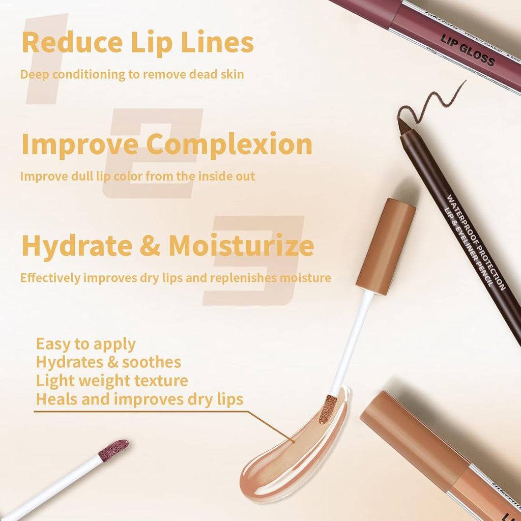HOSAILY 2 Colors Nourishing Lip Gloss Hydration Non-Sticky Plumping Lip Kit for Women, Natural Nude Tinted Lip Glow Oil Moisturizing Lightweight Long Wear Shiny Liquid Lipstick with Lip Liner Combo
