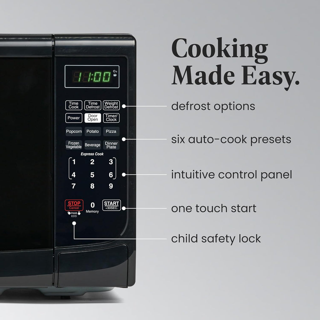 Farberware 0.7 Cu. Ft. Countertop Microwave Oven – 700 Watts Power, Auto Cook Settings, Defrost, Easy Clean and Child Safety Lock - Black