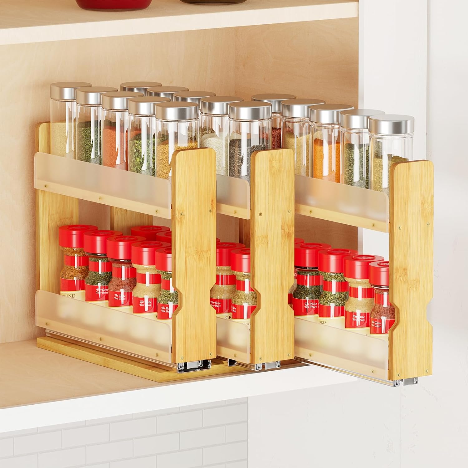 Spaceaid Bamboo Pull Out Spice Rack Organizer For Cabinet, Heavy Duty Slide Out Seasoning Kitchen Pantry Sliding Vertical Organization, 7.6" Wide, 3 Drawers(2" Wide), 2-Tier, Natural