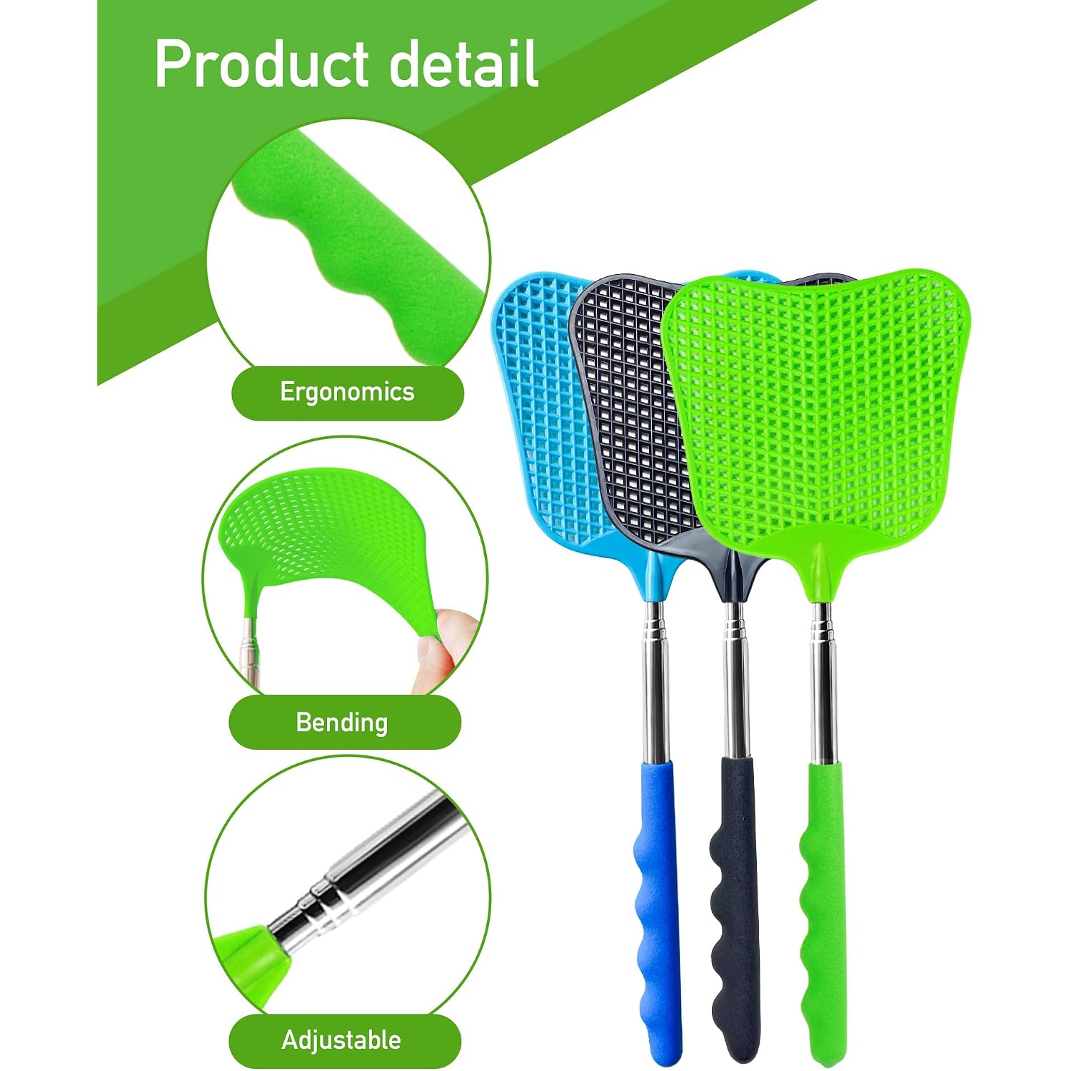 Wapodeai 3 Pcs Fly Swatter, Fly Swatters Plastic Telescopic, Large Bug Swatter That Work For Indoor And Outdoor. (Black Blue Green)