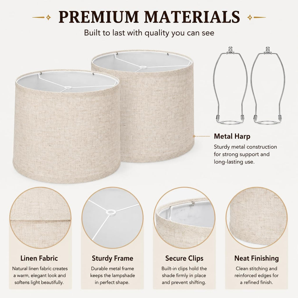 Drum Lamp Shades Set Of 2 For Table Lamps – 11.6" Top X 12.6" Bottom X 9.8" High, Qvtekn Medium Beige Lampshades For Floor Lamps (Spider Fitter), Natural Linen Handcrafted With Easy Assembly