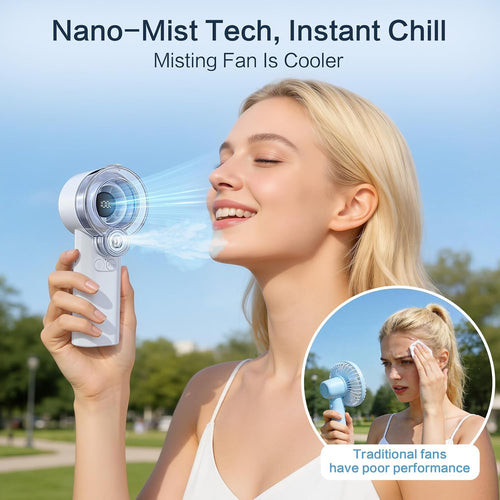 2-In-1 Handheld Misting Fan, Portable Water Spray Fan Rechargeable With 5 Speeds & Led Display, Personal Mini Cooling Fan With Detachable Tank, Summer Gifts For Women, Men - Blue