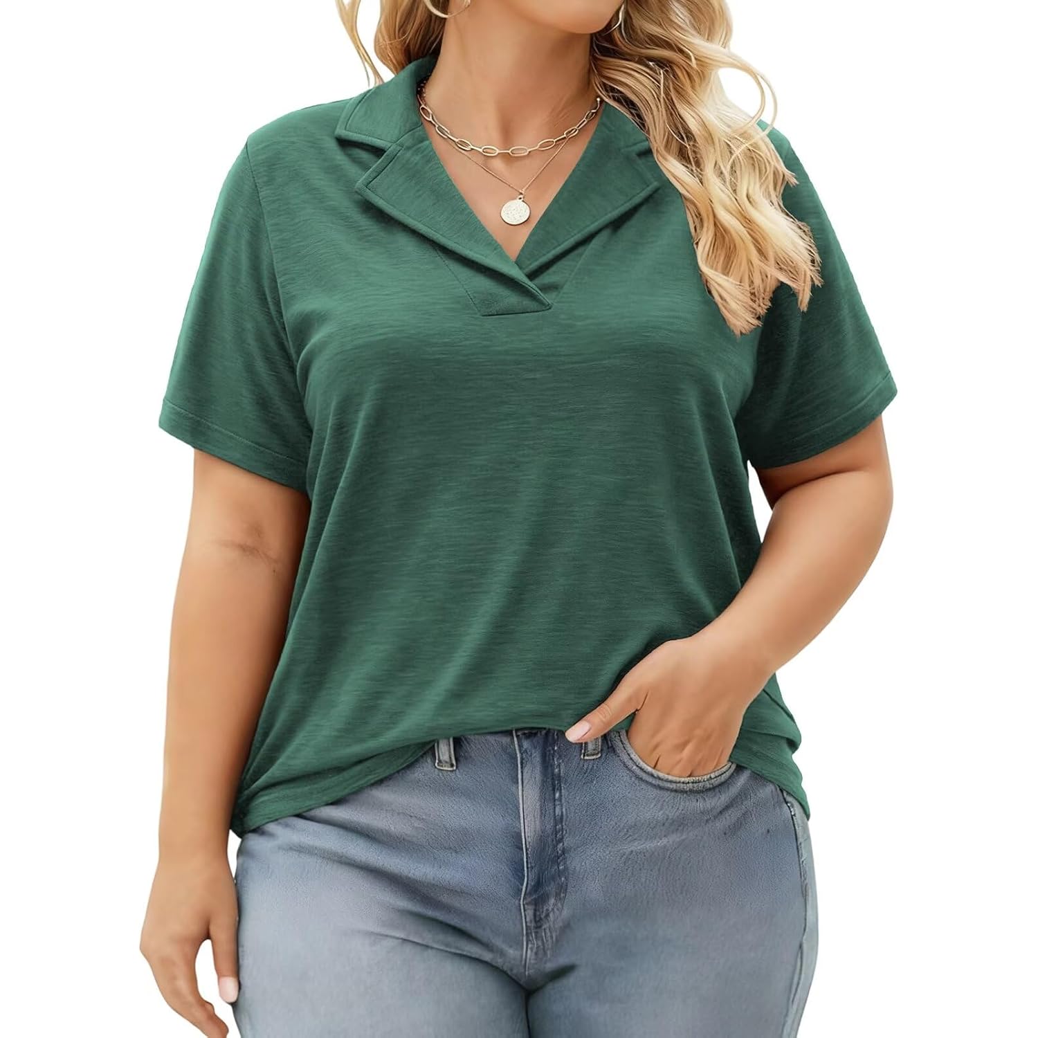 Dolnine Plus Size Polo Shirts For Women V Neck Collared Shirt Casual Short Sleeve Tops Summer Loose Fit Dressy Tunic Blouses