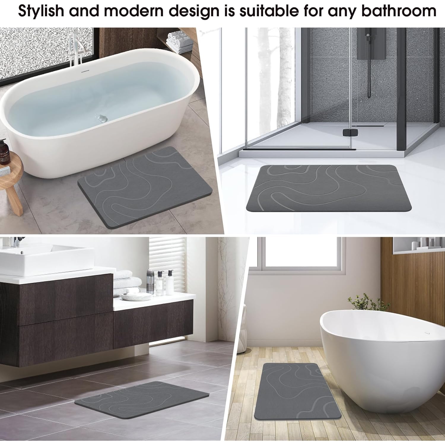 ZIKIBL Stone Bath Mat Diatomaceous Earth Shower Mat Non-Slip Super Absorbent Diatomite Stone Mats for Bathroom Floor Quick-Drying Easy to Clean (24''*16'' Grey)