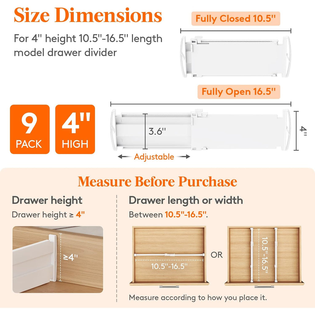Lifewit 9 Pack Drawer Dividers For Clothes, 4" High 10.5"-16.5" Expandable Dresser Drawer Organizers, Adjustable White Plastic Separators For Kitchen, Cabinet, Nursery, Socks & Underwear Storage