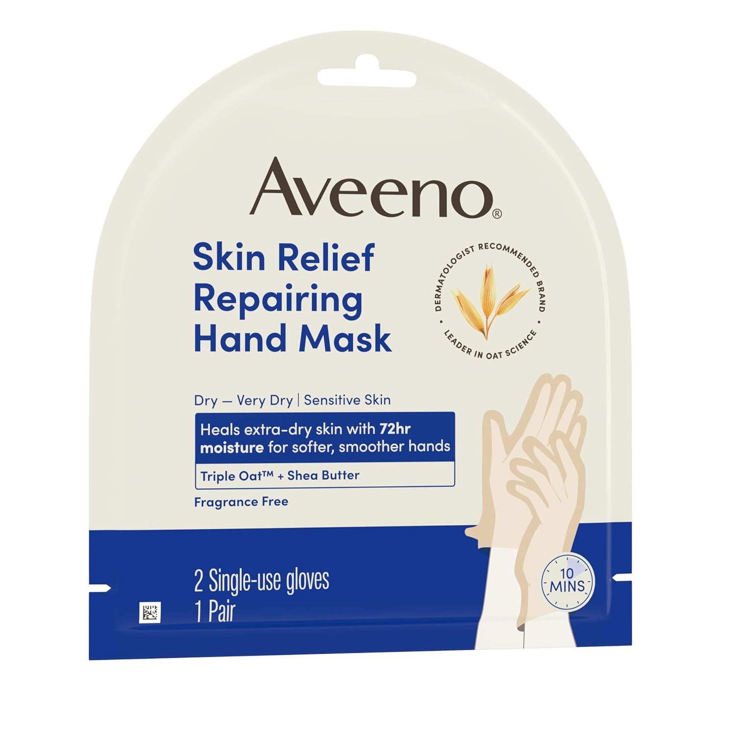 Aveeno Skin Relief Repairing Hand Mask, Moisturizing Gloves with Triple Oat & Shea Butter for Very Dry Skin, Hand Care for Sensitive Skin, Fragrance-Free, 1 Pair of Single-Use Gloves