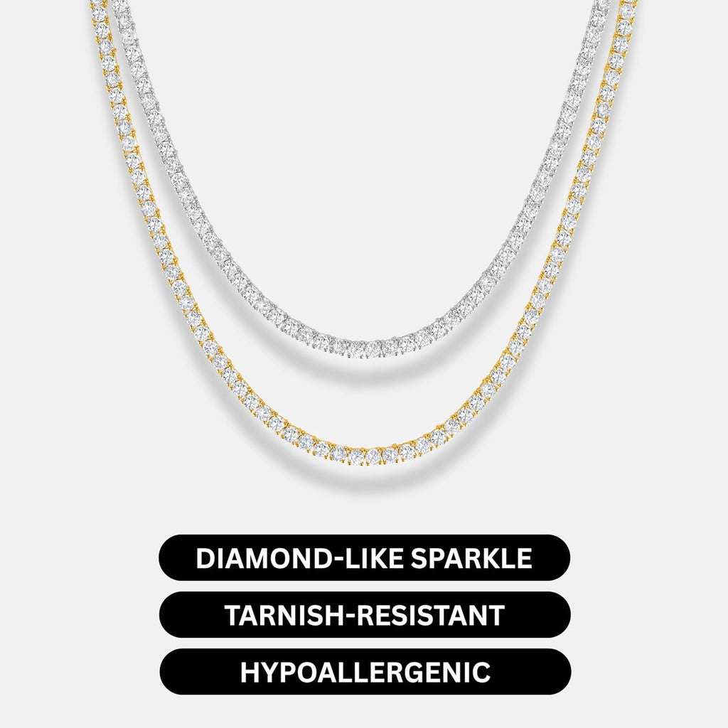 KISPER Tennis Necklace for Women 14K Gold Plated 3mm Cubic Zirconia Diamond Chain Adjustable 15-18" 4-Prong Setting Classic