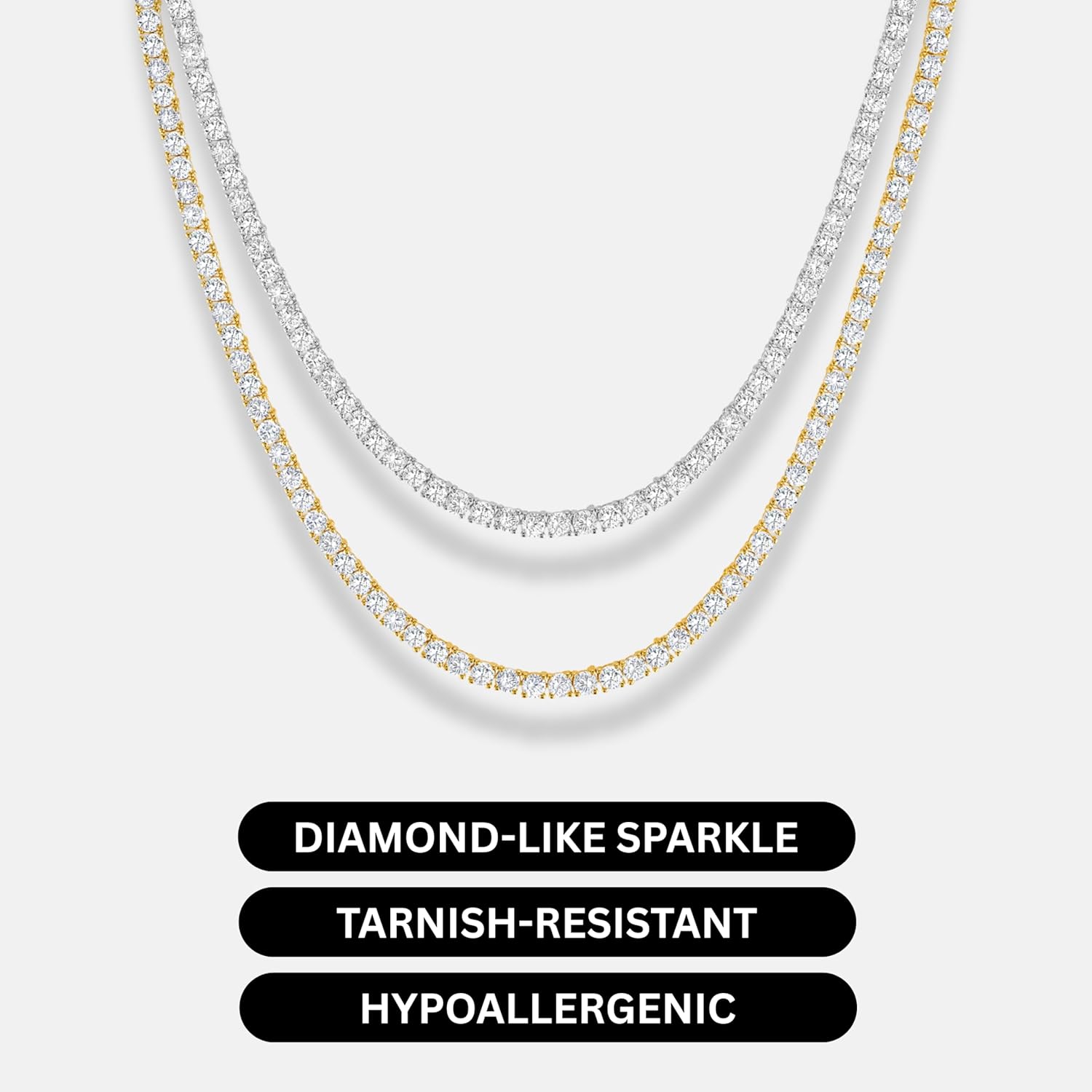 KISPER Tennis Necklace for Women 14K Gold Plated 3mm Cubic Zirconia Diamond Chain Adjustable 15-18" 4-Prong Setting Classic