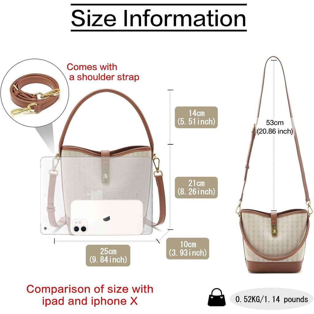 Foxlover Coated Canvas Bucket Crossbody Bags For Women Top-Handle Handbags Small Satchel Purse Trendy Twist Lock