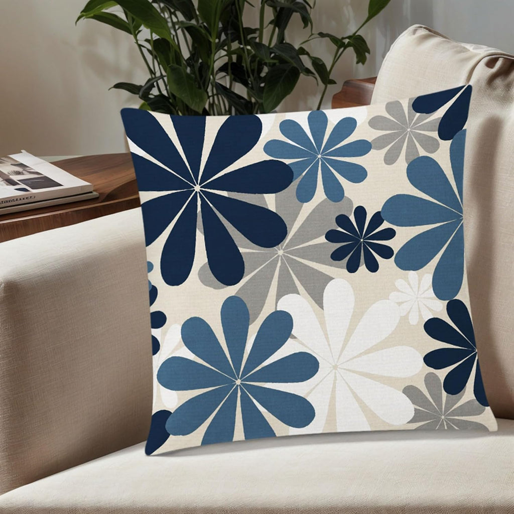 Comminy Blue White Pillow Covers 18X18 Set Of 6, Daisy Flower Throw Pillow Cover Case Square Cushion Cover For Sofa Bedroom Living Room Farmhouse Home Decor