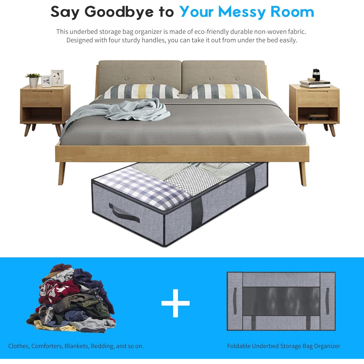 Onlyeasy Foldable Underbed Bags 2 Pack - Blankets Clothes Comforters Storage Bag Breathable Zippered Organizer For Bedroom With Clear Window And 4 Handles, 39.4X19.7X5.9 In, Linen-Like Grey, Mxdubbp2