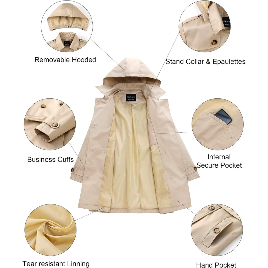 Women'S Trench Coat Double-Breasted Classic Lapel Overcoat Belted Slim Outerwear Coat With Detachable Hood