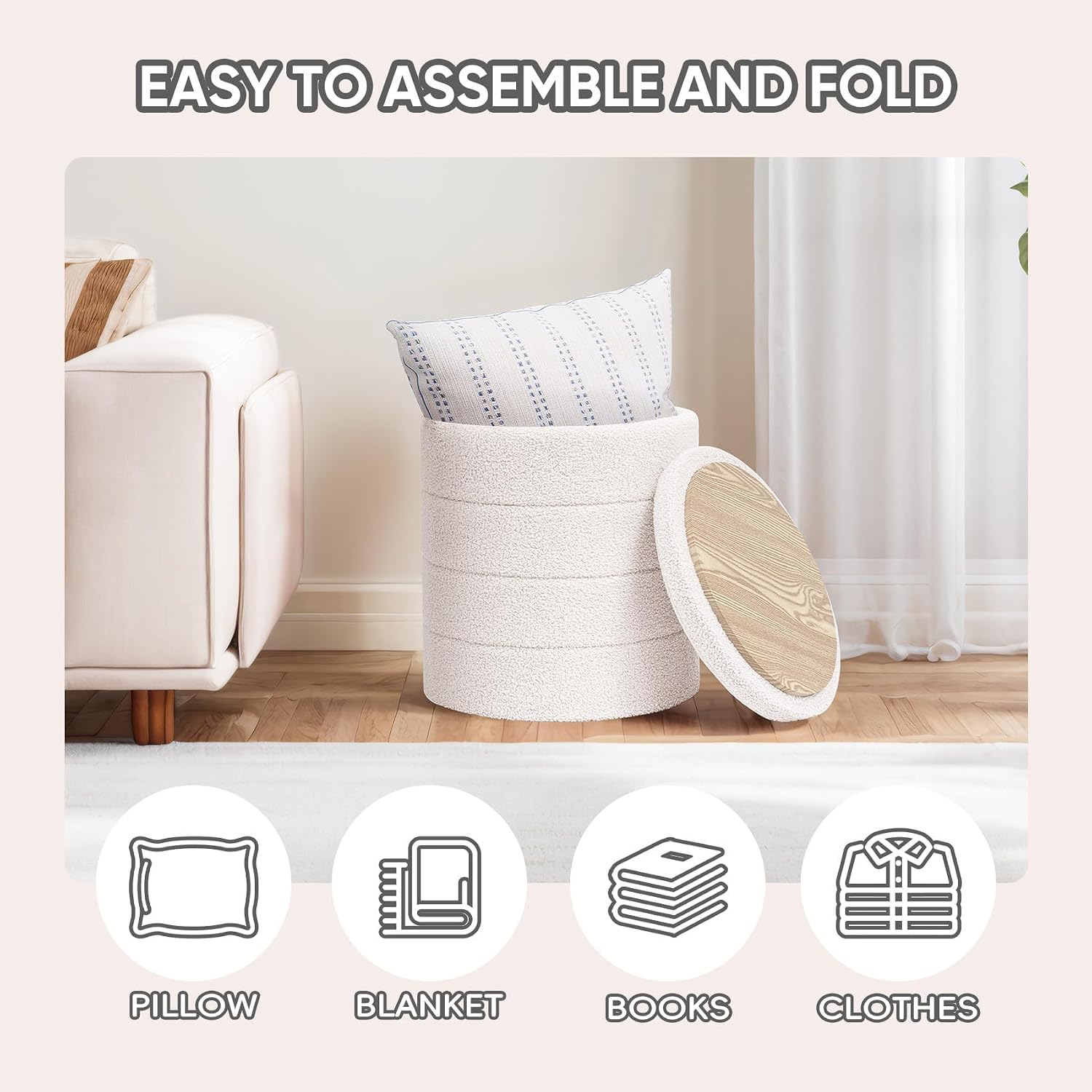 Round Storage Ottoman Foot Rest Stool With Tray Velvet Sherpa Folding Storage Ottoman,Boucle Foot Rest For Living Room, Bedroom, Dorm（White）