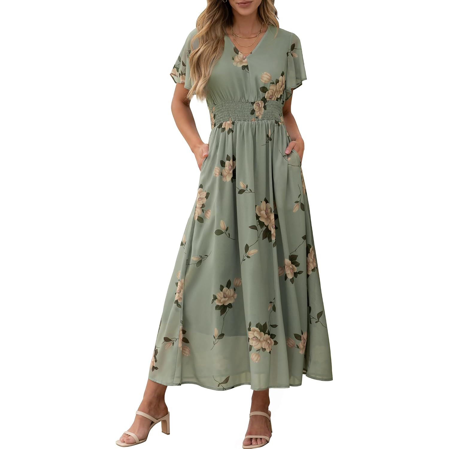 Anrabess Womens Summer Floral Maxi Dress Casual V Neck Short Sleeve Chiffon Boho Flowy Beach 2026 Wedding Guest Long Dresses