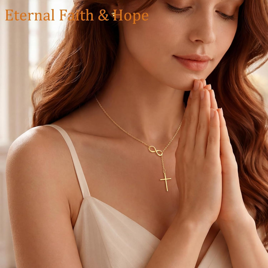 Mothers Day Gifts for Mom Infinity Cross Necklace for Women, 14K Gold Plated Necklace Unique Trendy Cross Pendant Jewelry, Non Tarnish & Waterproof Christian Jewelry - First Communion Confirmation Easter Gifts