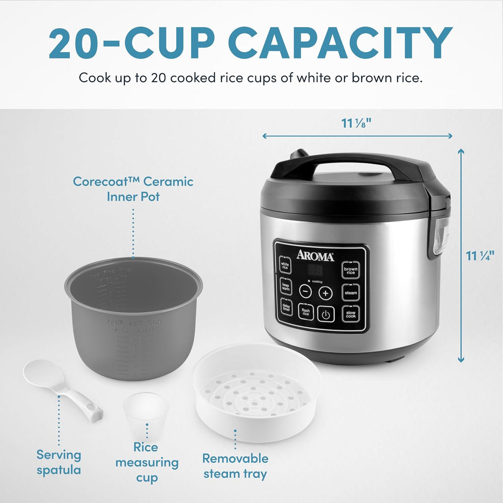Aroma Housewares 20 Cup Cooked (10 Cup Uncooked) Digital Rice Cooker, Slow Cooker, Food Steamer, Ss Exterior (Arc-150Sb),Black