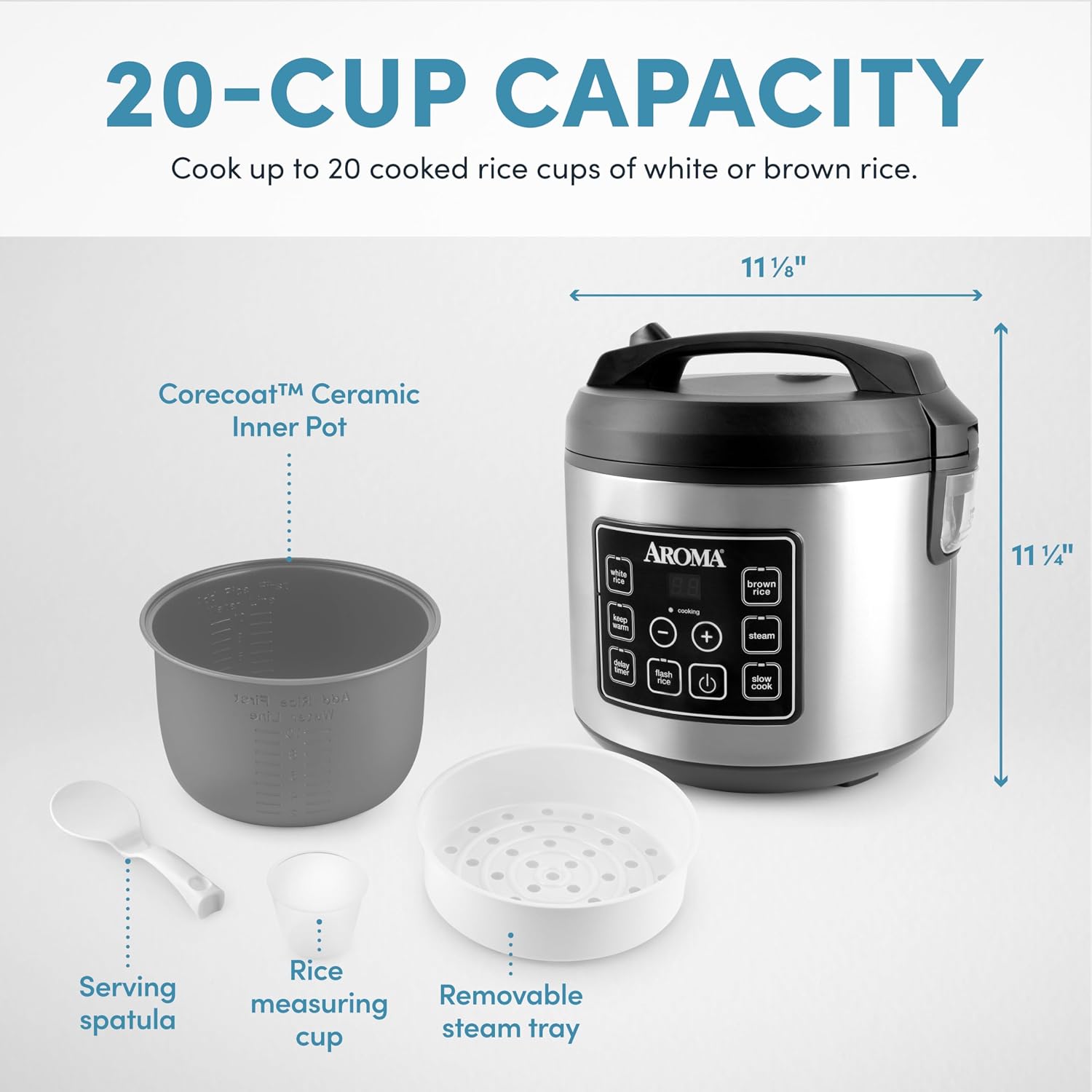Aroma Housewares 20 Cup Cooked (10 Cup Uncooked) Digital Rice Cooker, Slow Cooker, Food Steamer, Ss Exterior (Arc-150Sb),Black