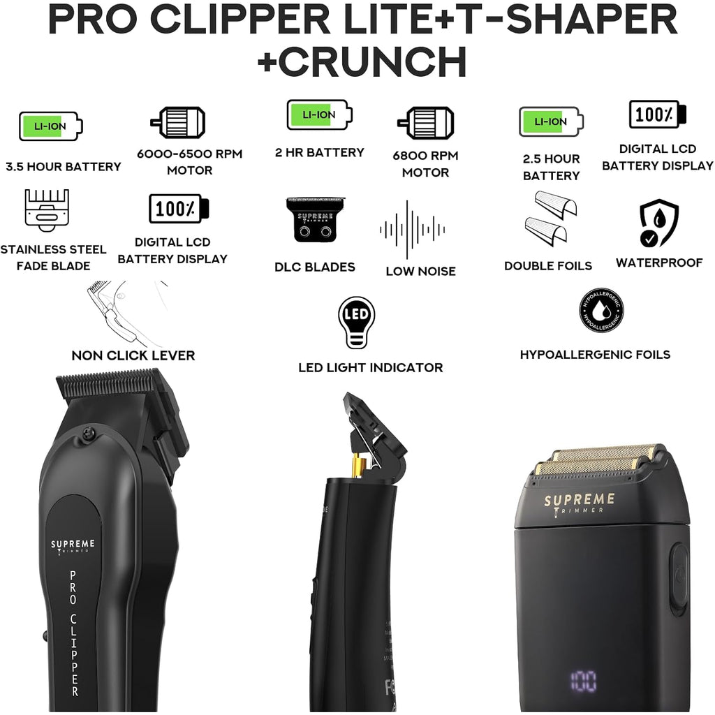 Supreme Trimmer 3-In-1 Barber Bundle | Pro Clipper Lite, T-Shaper Trimmer & Crunch Foil Shaver | Professional Beard Trimmer Men’S Hair Clipper Kit | Black