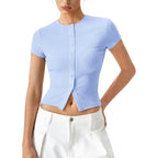 Qinsen Women'S Crewneck Short Sleeve T Shirts Ribbed Button Going Out Trendy Tops