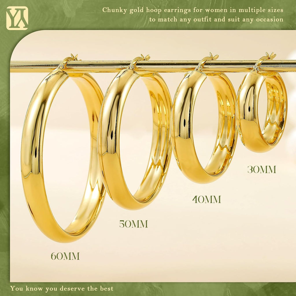 YOUNGYUE 8mm Wide Chunky Gold Hoops 14K Real Gold Plated Hypoallergenic 925 Sterling Silver Hoops Lightweight Big Gold Hoop Earrings for Women 30/40/50/60mm