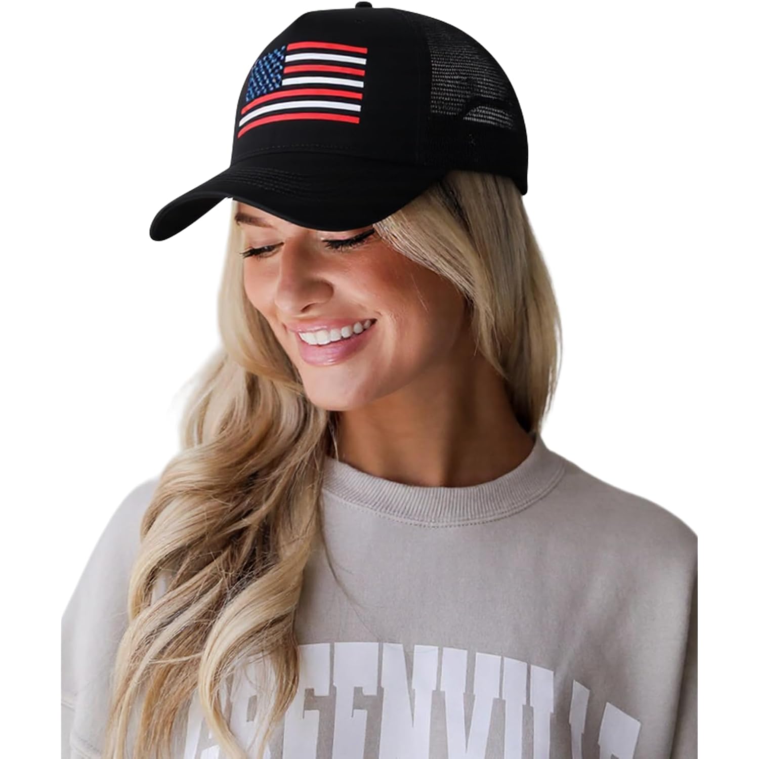 American Flag Hat Patriotic Baseball Cap - USA Flag Trucker Hat for Men & Women, Breathable Mesh Adjustable Sun Hat Black+red