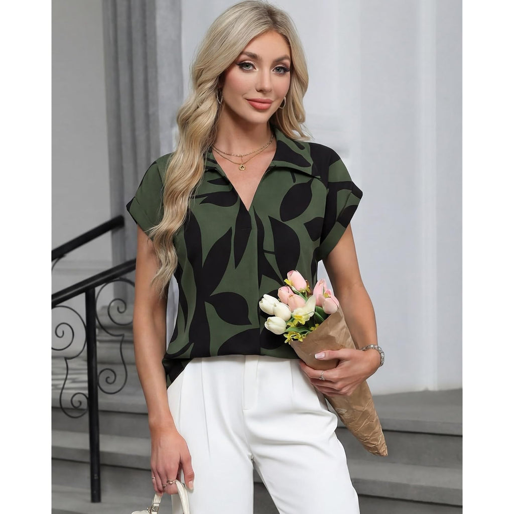 Gaharu Women's Summer Work Blouse V Neck Short Sleeve Lapel Shirt Top Tunic