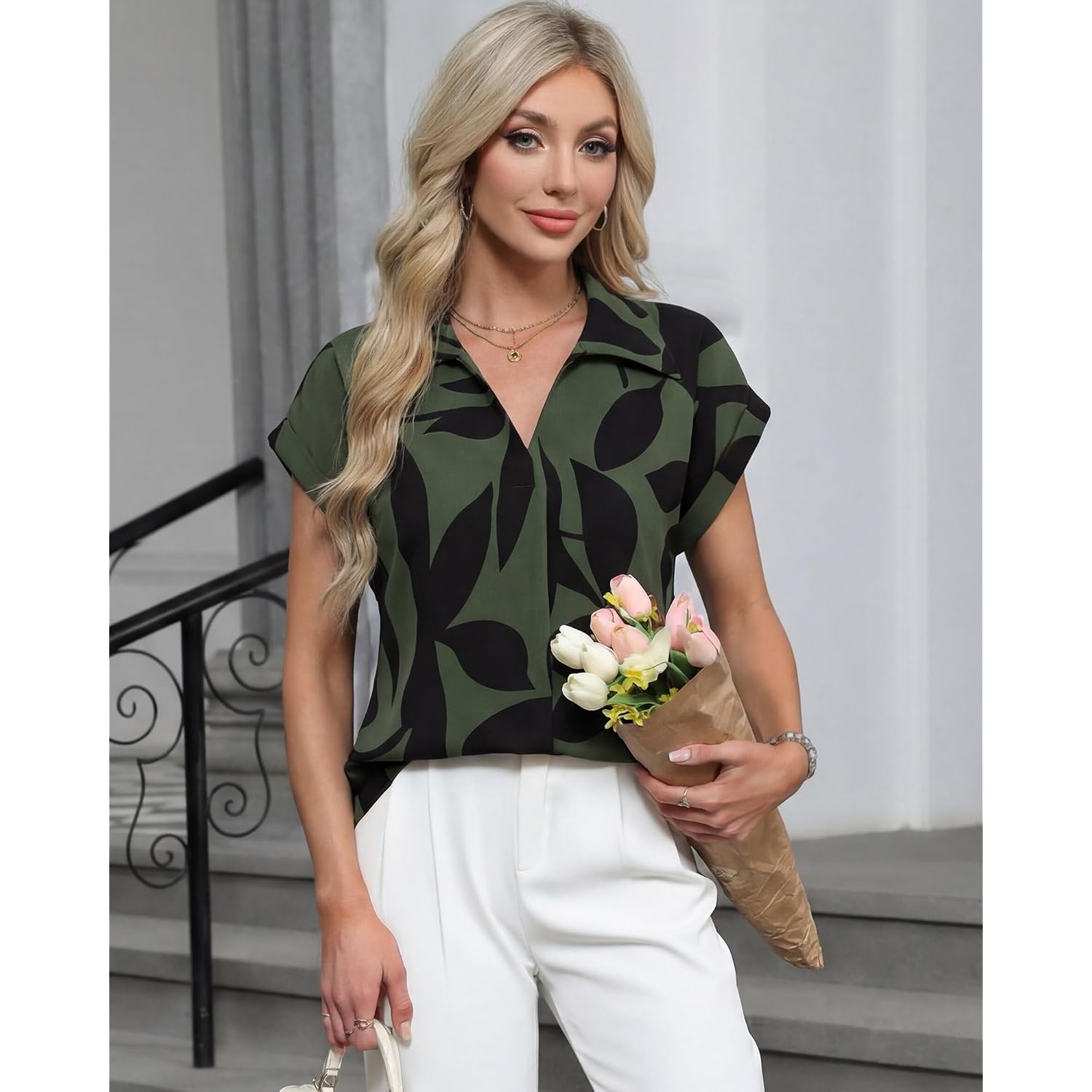 Gaharu Women's Summer Work Blouse V Neck Short Sleeve Lapel Shirt Top Tunic