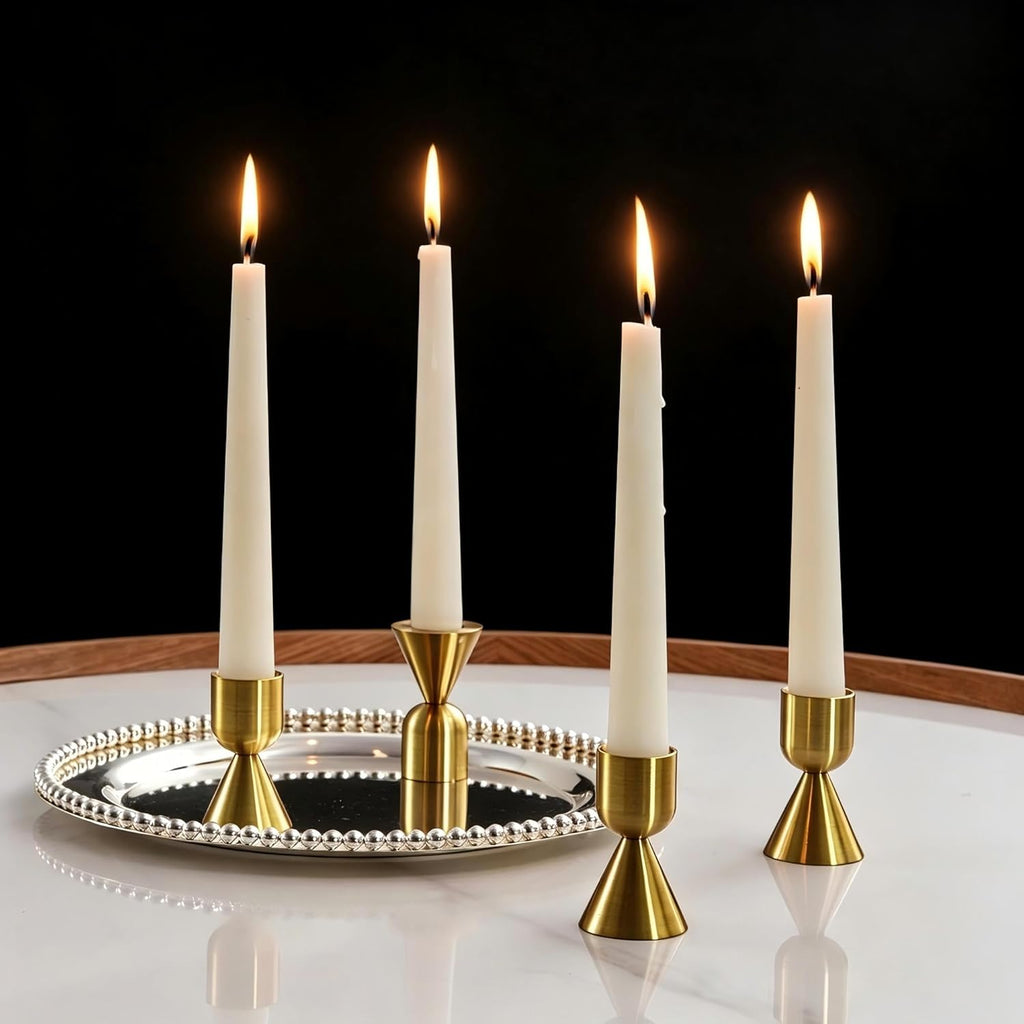NUPTIO Candle Stick Candle Holder: Set of 4 Gold Aluminium Candlestick Holders - Brass Taper Candleholder for Fall Thanksgiving Christmas Table Fireplace Decoration