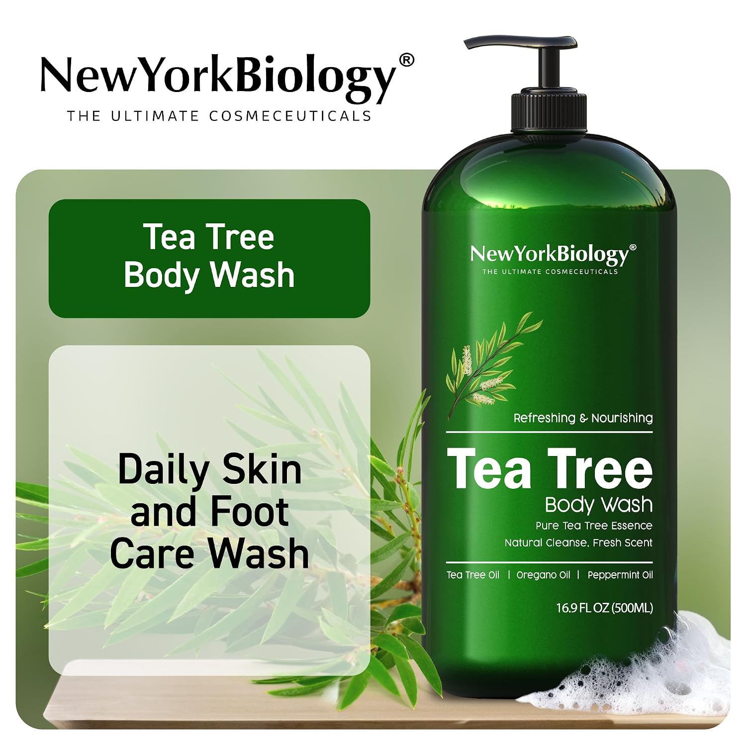 New York Biology Tea Tree Body Wash For Men And Women - Moisturizing Body Wash Helps Soothe The Skin - Refreshing And Hydrating Cleanser For Body And Feet - 16.9 Fl Oz