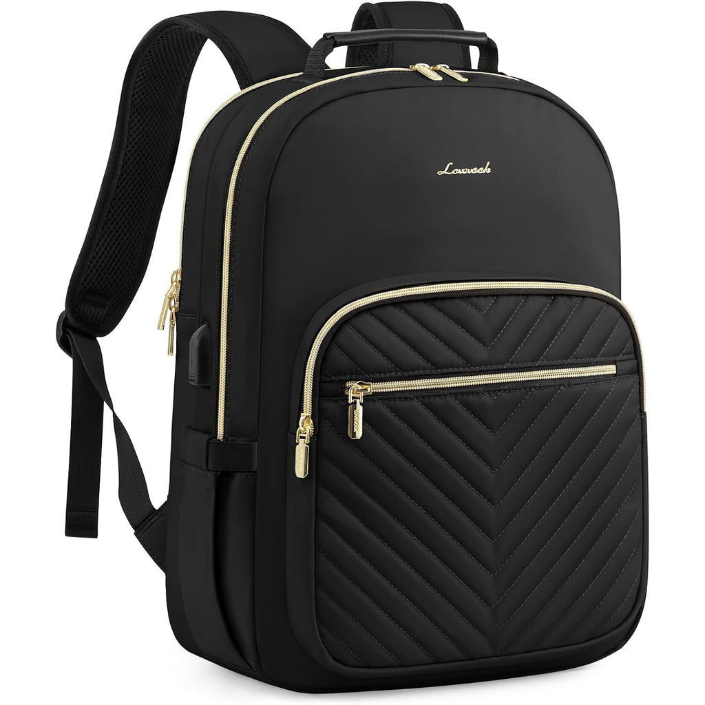 Lovevook Laptop Backpack Purse For Women, Work Travel Computer Bags, College School Backpack For Student Girl, Quilted Casual Daypack With Usb Port, Fit 15.6 Inch Laptop, Black