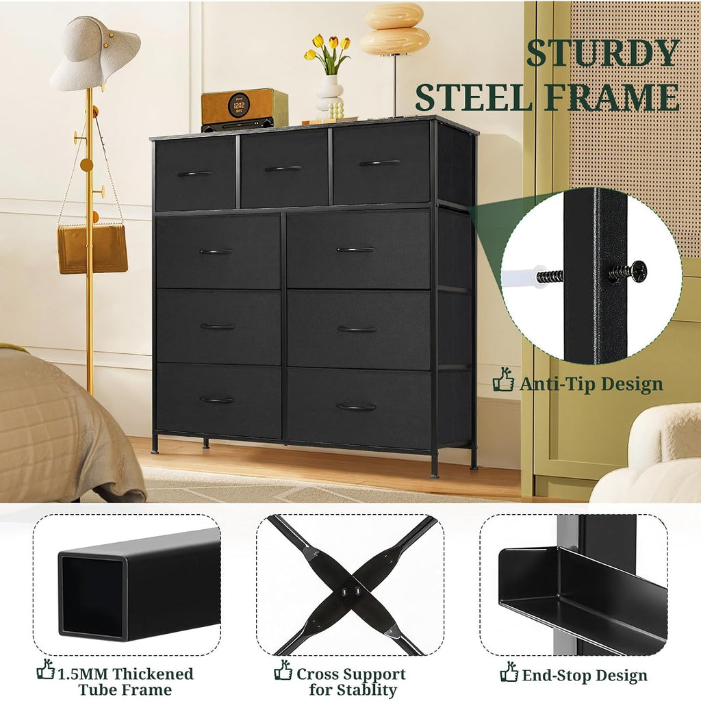 9-Drawer Dresser For Bedroom, Anti-Tip Tall Storage Organizer | Chest Of Drawers With Wooden Top And Metal Frame Fabric Bins For Closet, Living Room, Hallway, Entryway, Black