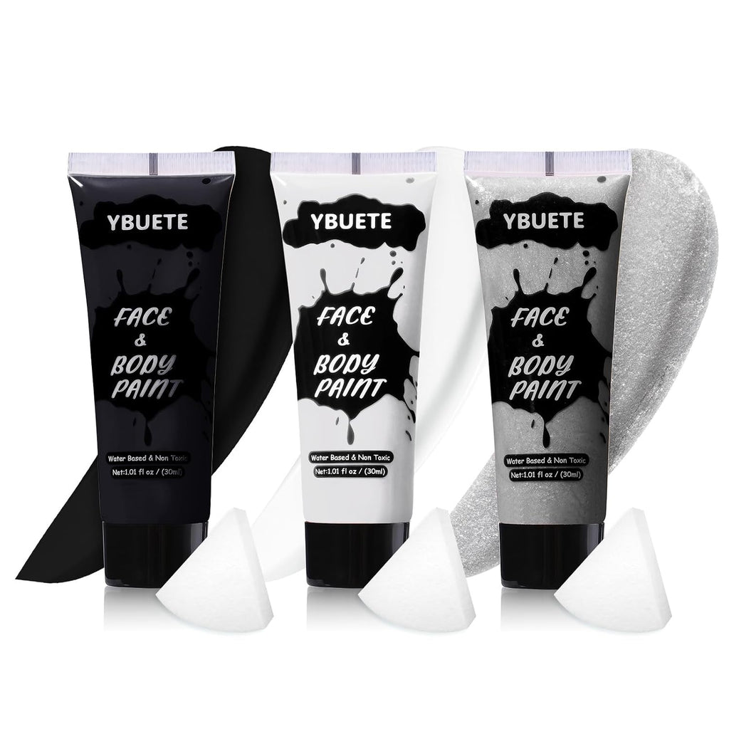 Ybuete 3Pcs Face Body Paint, Professional Paint For Halloween Cosplay Costume Party, Full-Coverage Multi-Color Cream Makeup Body Paint For Adult Halloween Cosplay Sfx Makeup Paint (White+Black+Silver)
