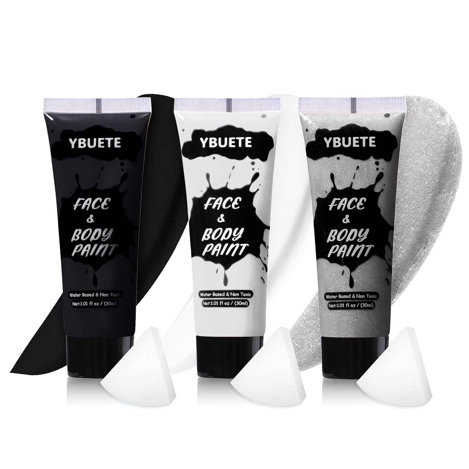 Ybuete 3Pcs Face Body Paint, Professional Paint For Halloween Cosplay Costume Party, Full-Coverage Multi-Color Cream Makeup Body Paint For Adult Halloween Cosplay Sfx Makeup Paint (White+Black+Silver)
