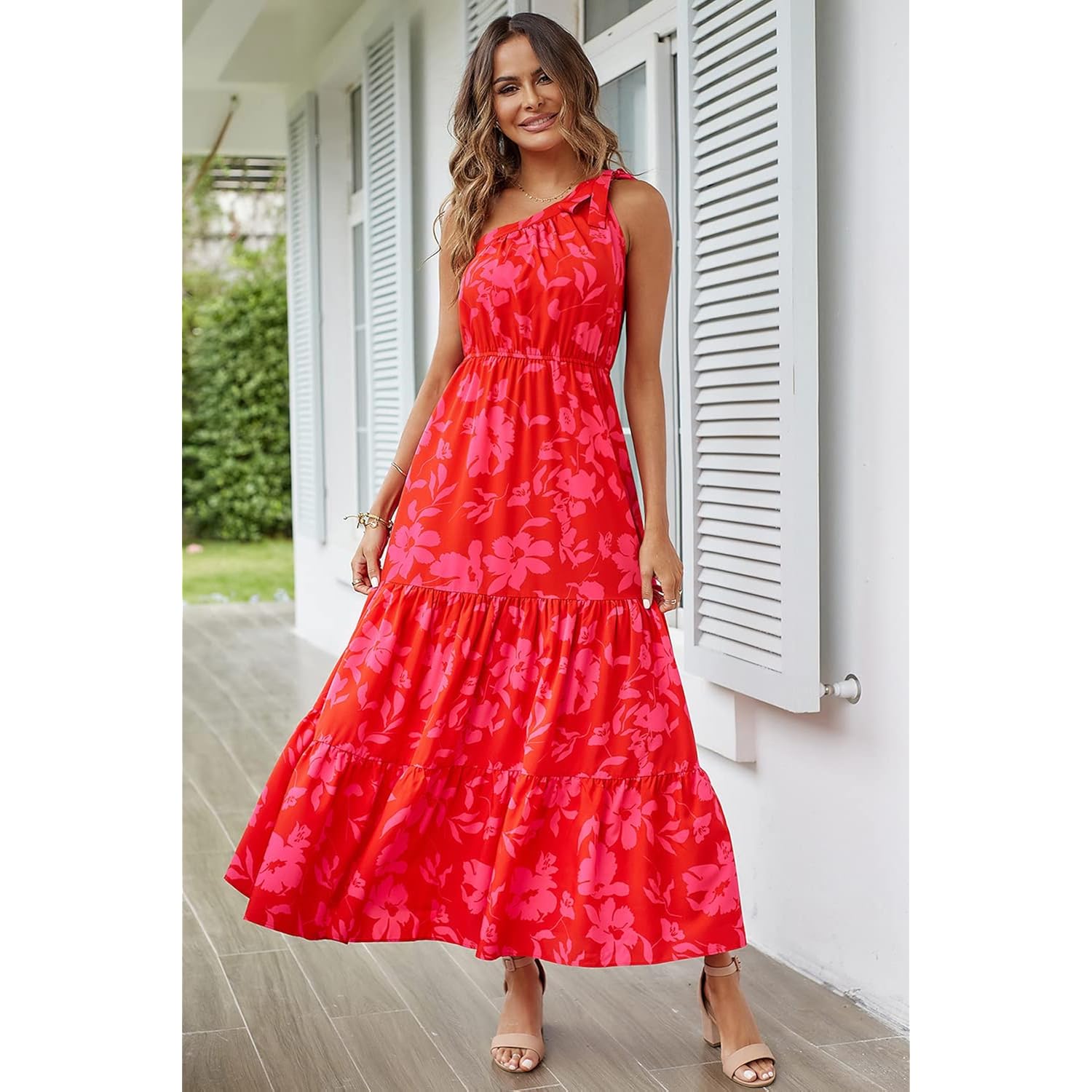 Prettygarden Women'S Summer Floral One Shoulder Maxi Dress Knot Ruffle Boho Beach Vacation Wedding Guest Long Sun Dresses