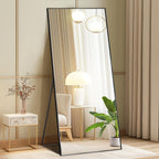 Dumos 64"X21" Full Length Mirror With Stand, Floor Standing Aluminum Frame, Shatterproof Nano Glass For Bedroom, Living Room, Cloakroom Modern Simple Home Decor, Can Be Hanging, Leaning Or Wall, Black