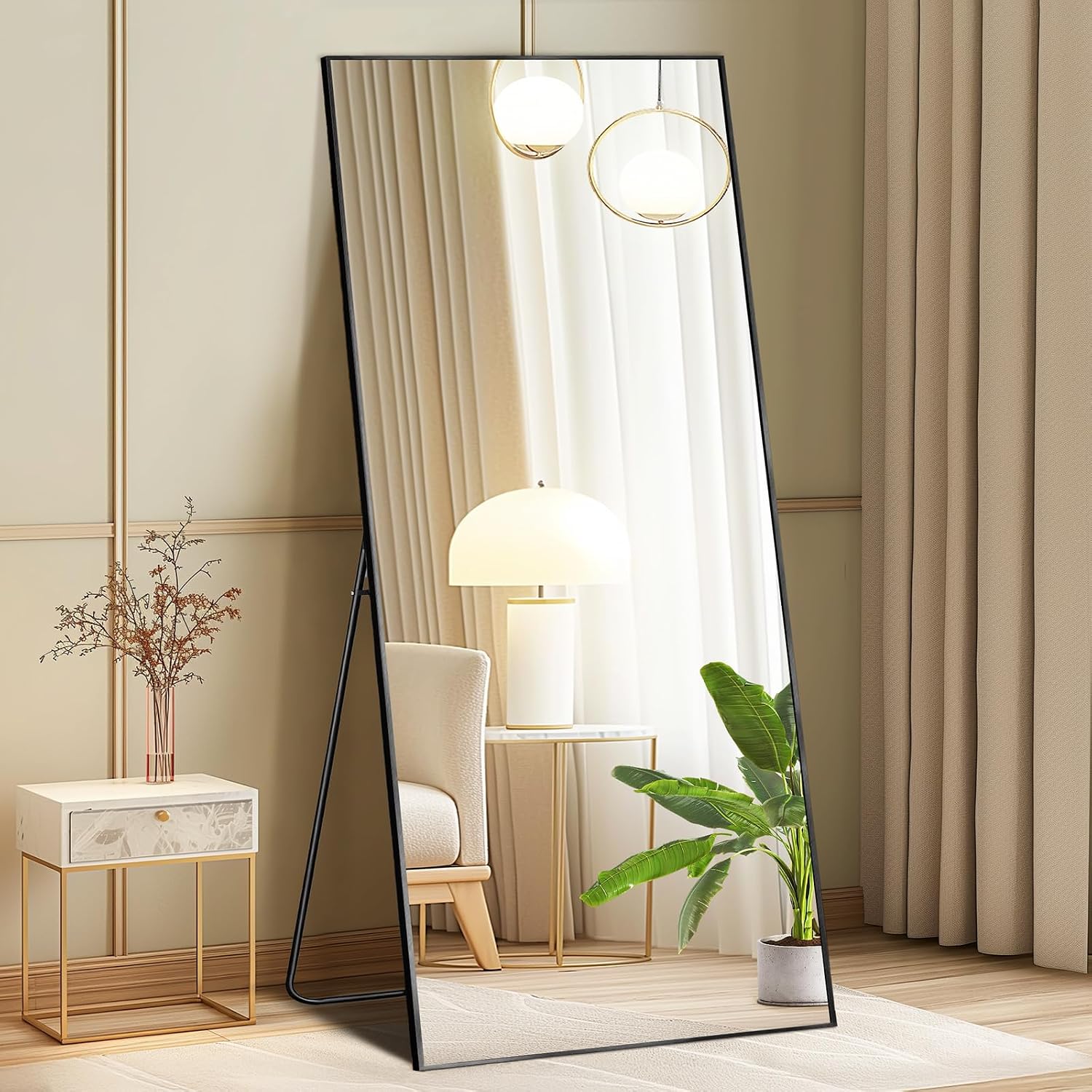 Dumos 64"X21" Full Length Mirror With Stand, Floor Standing Aluminum Frame, Shatterproof Nano Glass For Bedroom, Living Room, Cloakroom Modern Simple Home Decor, Can Be Hanging, Leaning Or Wall, Black
