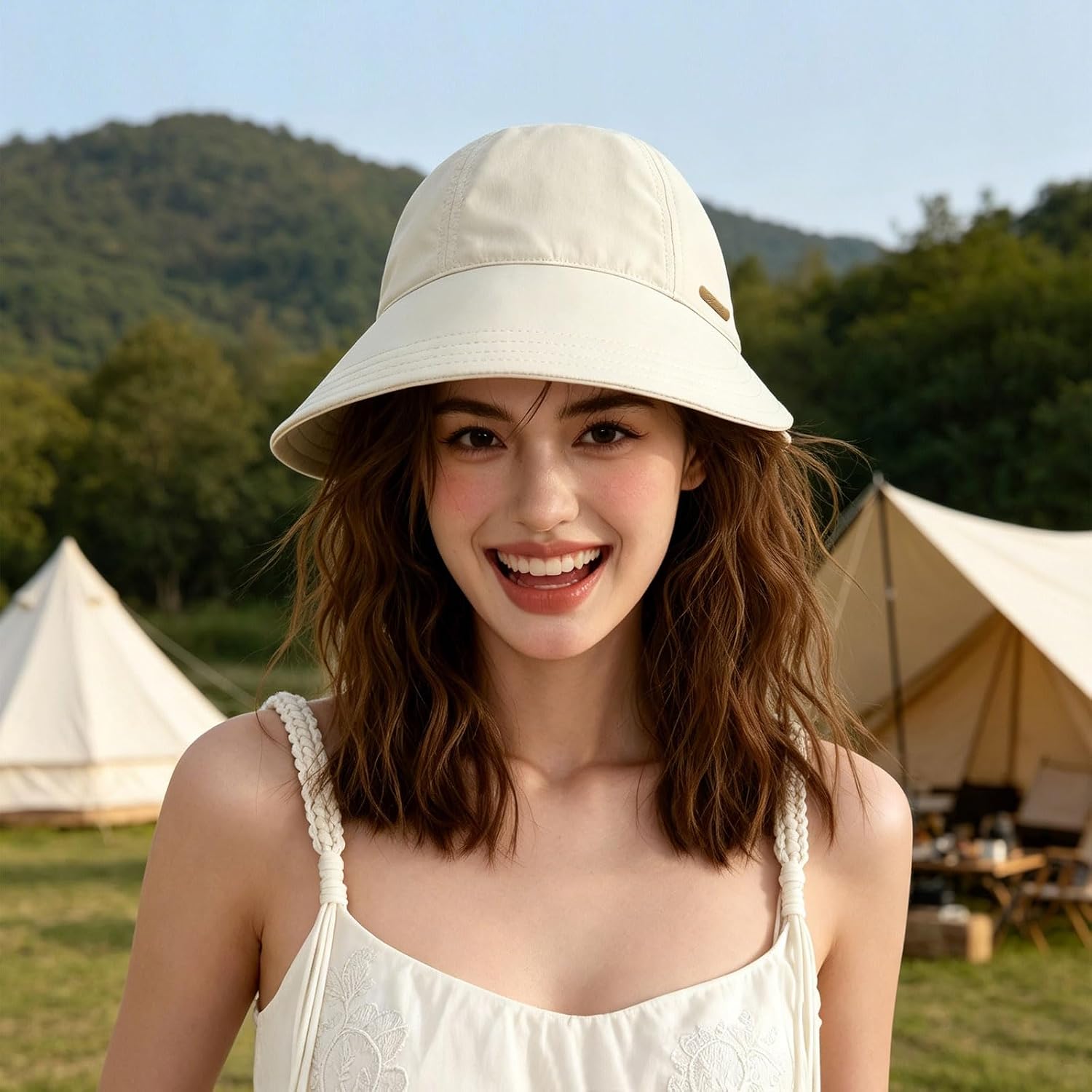 Women Sun Hat Wide Brim Hat Ponytail Baseball Cap Foldable Packable for Summer Beach Golf Hiking Fishing Beige