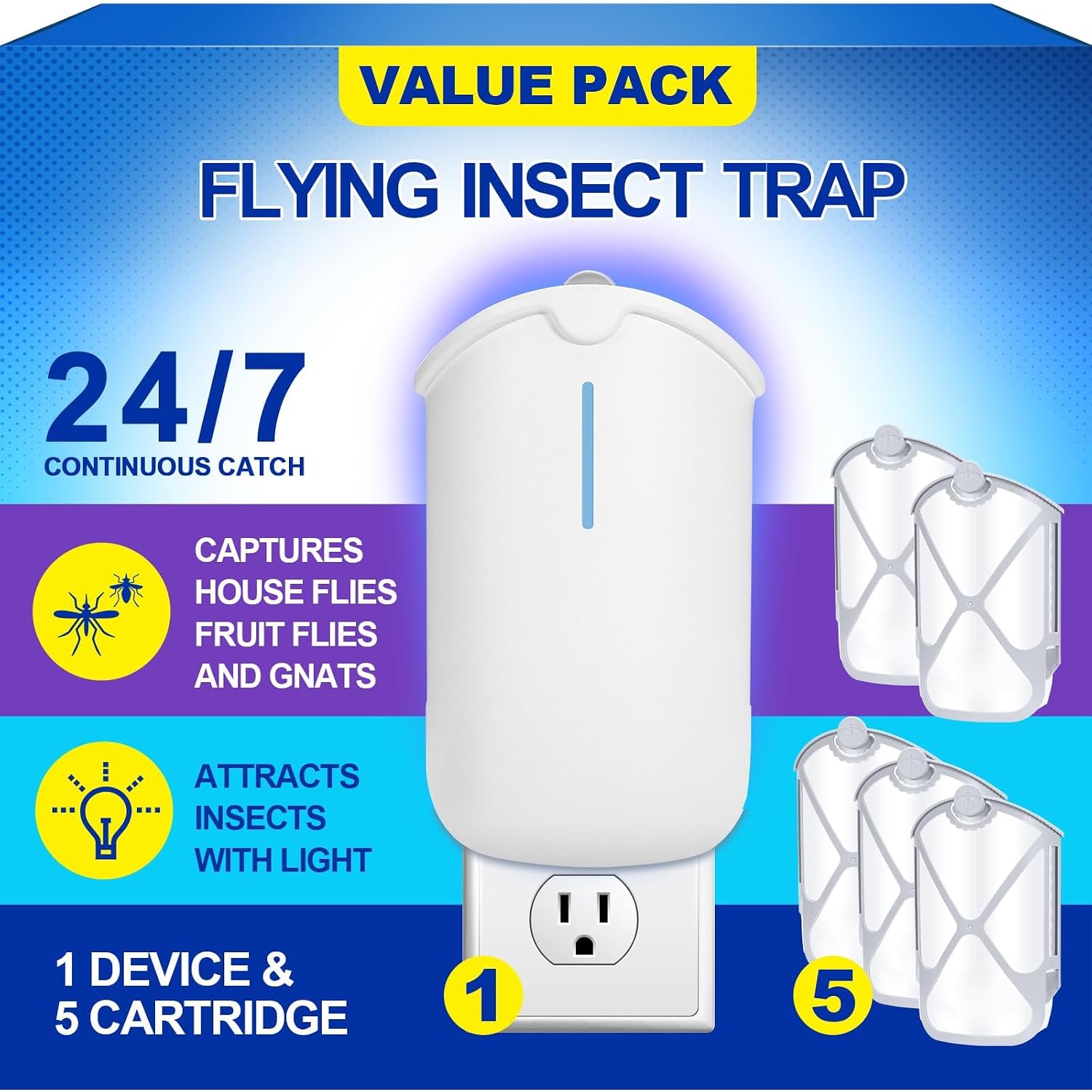 Flying Insect Trap & 5 Cartridges - Attracts And Traps Flying Insects Fruit Flies Mosquitoes - Compatible With Refill (1 Plug-In Base + 5 Cartridges)