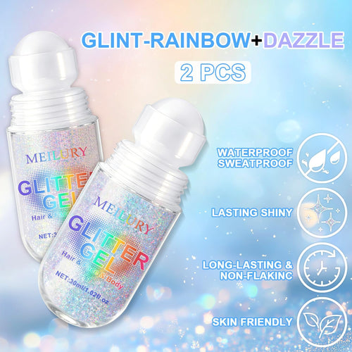 2 Colors Roll-On Body Glitter Gel For Face Body And Hair, Holographic Glitter Gel Under Light, Chameleon Color Rolling Sequins For Rave Accessories Christmas Halloween (Glint-Rainbow+Dazzle)