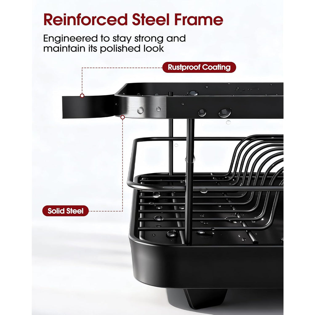 Sakugi Stainless Steel Dish Drying Rack for Kitchen Counter, Sink Organization and Storage Essentials with Silverware & Utensil Holder, Home and Apartment Decor, 12''W x 15.5''L, Black