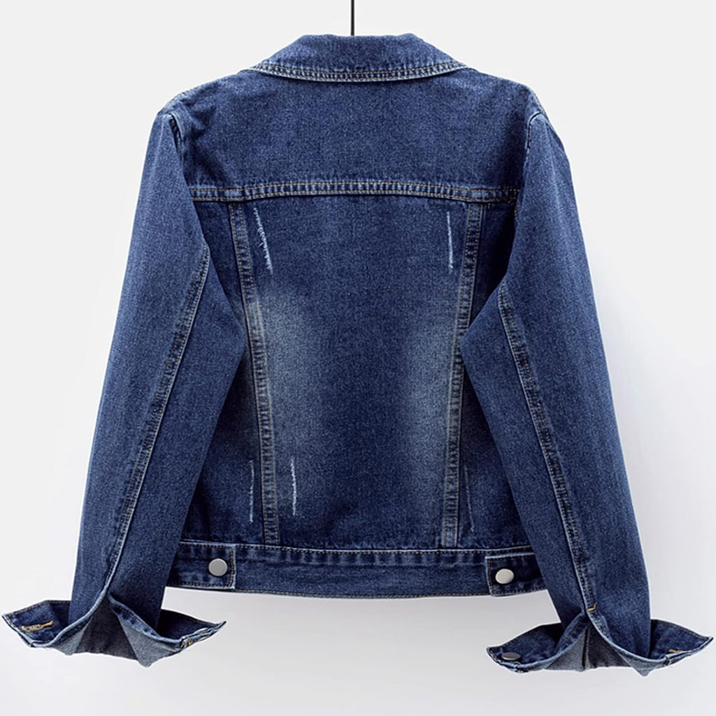 Women'S Basic Long Sleeve Button Down Distressed Denim Jackets Jean Jacket Coat