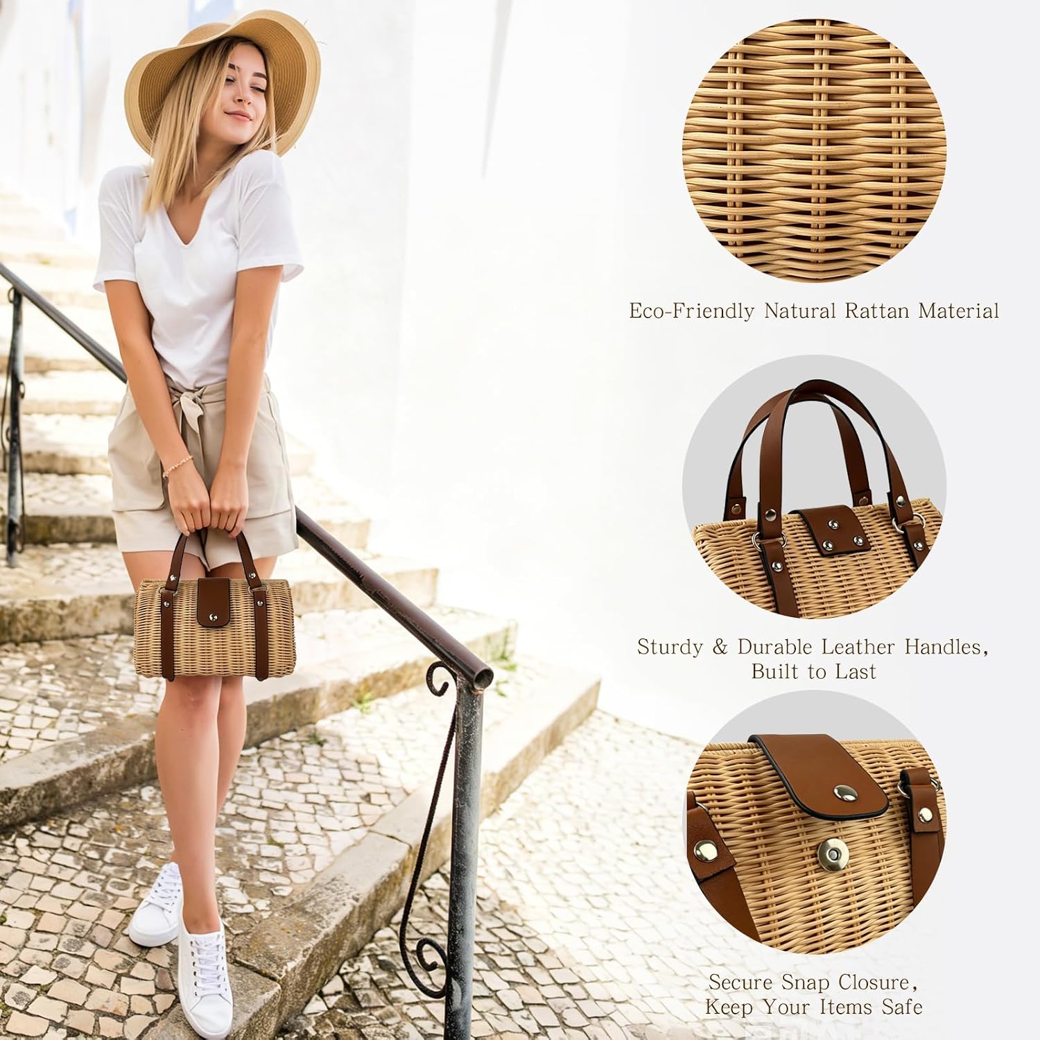 Rattan Purse For Women, Structured Straw Tote Bag, Woven Wicker Satchel Handbag With Reinforced Handles, Summer Beach Travel Bag For Daily Use