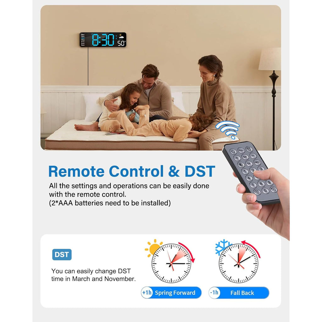 Digital Wall Clock, Digital Clock Large Display With Remote Control, Corded Led Alarm Clocks With Date, Week, Temp, Humidity, Auto Dst, Countdown, For Living Room Bedroom Classroom Office (Blue)